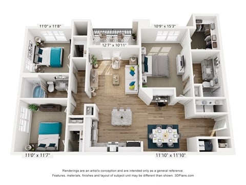 Floor plan for 3 beds, 2 baths, 1357 sqft